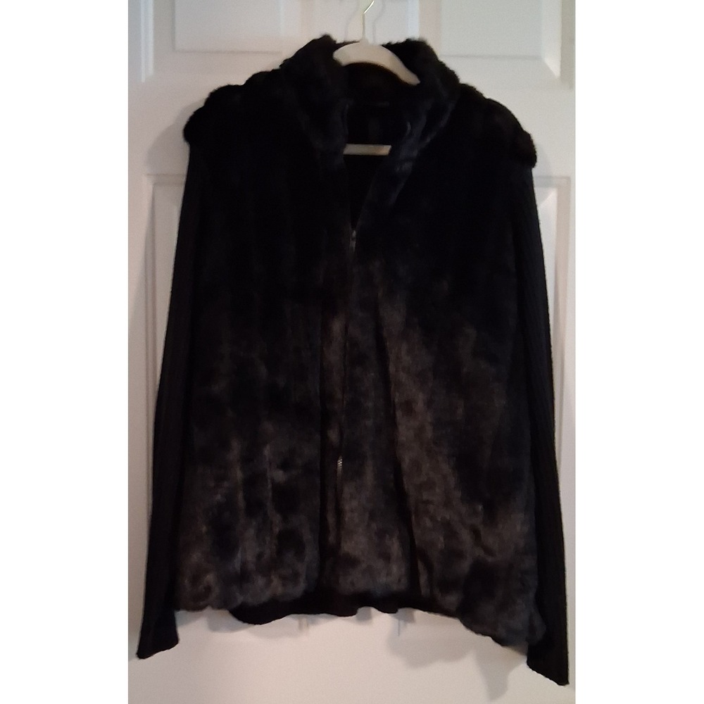 Vintage Lane Bryant Faux Fur Zip Front Sweater Knit Black 26/28 Y2K NWOT